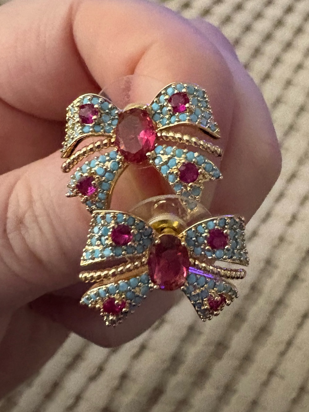 Gold Bow Earrings with Pink and Turquoise Crystals